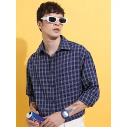 HIGHLANDER Men Blue & White Drop shoulder Oversized Fit Shirts image 2