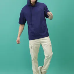 KETCH Navy Blue Striped Drop-Shoulder Sleeves Hooded Longline Oversized T-shirt image 4