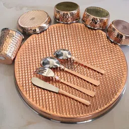 indianartvilla Steel, Copper Indian Art Villa, Brass 10 Pieces Dinner Set in Embossed Design Dinner Set image 5