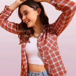 herway Women Regular Fit Checkered Curved Collar Casual Shirt image 1