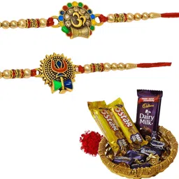 meira jewellery Designer rakhi-with-chocolate-142 Gold Finish Rakhi, Greeting Card, Chawal Roli Pack Set-picture-10