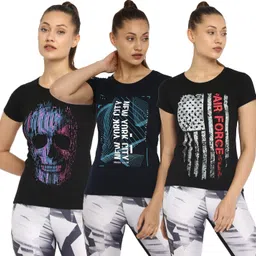 ap'pulse Pack of 3 Women Printed Round Neck Pure Cotton Black, Navy Blue T-Shirt-picture-18