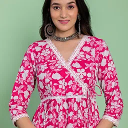 KASYA V Neck Floral Printed Empire Pure Cotton Anarkali Kurta with Palazzo & Dupatta image 3