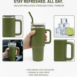 avram Insulated Coffee/Water Tumbler with Handle, Straw & Lid - 1200 ML Plastic, Stainless Steel Tumbler image 3