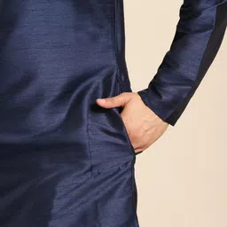 KISAH Men Navy Blue & Grey Woven design Detail Kurta with Churidar image 5