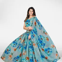 SHOPGARB Turquoise Blue & Orange Printed Semi-Stitched Lehenga & Unstitched Blouse With Dupatta image 2