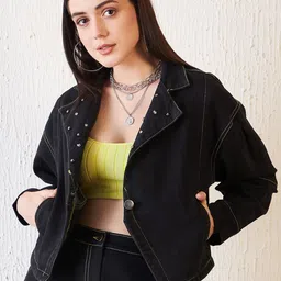 Antheaa Black Embellished Lapel Collar Baggy Fit Denim Jacket image 3