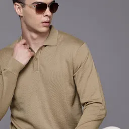 raymond Men Solid Collared Neck Beige Sweater image 3
