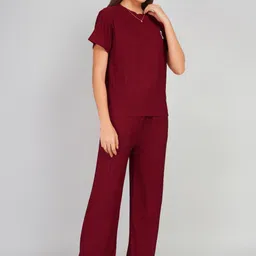 lugo Women Night Suit Set Maroon Solid image 3