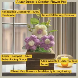 Akaar Decor's Handmade Crochet Flower Pot with Wooden Base Purple Daisy Artificial Flower with Pot image 4