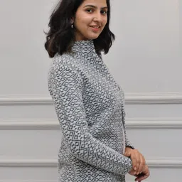 rideandruls Women Graphic Print Mandarin Neck Grey Sweater image 3