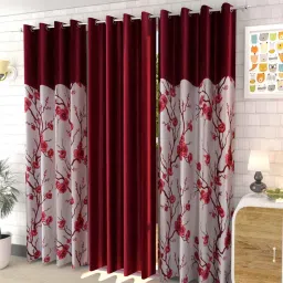 aadi traders Maroon Polyester Floral and Solid 7ft Semisheer Eyelet Door Curtains (3Pcs) image 1