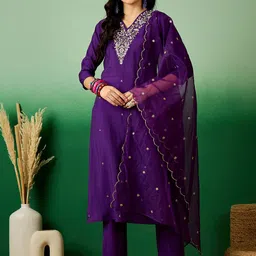 Sangria Purple Floral Embroidered V-Neck Sequinned Straight Kurta With Trouser & Dupatta image 5