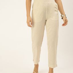 De Moza Women Beige Cotton Solid Cigarette Trousers-picture-0