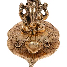 INTERNATIONAL GIFT Gold Toned Lord Ganesha on Leaf with Diya & Red Velvet Box-image-65