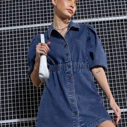 SASSAFRAS Blue Puff Sleeve Denim A-Line Dress-picture-30