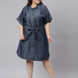 The Pink Moon Navy Blue Denim Tencel Shirt Dress-image-53