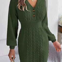 StyleCast Green Self Design Cuffed Sleeves V-Neck Acrylic T-shirt Mini Dress-image-6