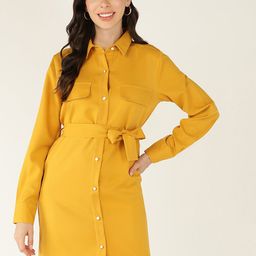 Mast & Harbour Yellow Shirt Collar Cuffed Sleeves Belted Shirt Dress-picture-4