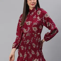 BAESD Floral Printed Tie-Up Neck Puff Sleeve Crepe Shirt Dress-picture-45