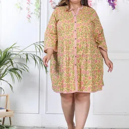 KALINI Plus Size Floral Printed Mandarin Collar Cotton Shirt Dress-image-96