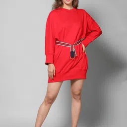 " Dream of Glory Inc Red Solid Pure Cotton Belted T-Shirt Dress-image-78