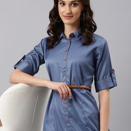 SHOWOFF Roll-Up Sleeves Shirt Collar Satin Belted Shirt  Midi Dress-picture-48