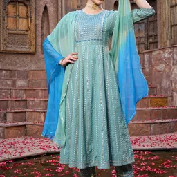 Stylum Turquoise Blue Embroidered Regular Gotta Patti Kurta with Trousers & Dupatta image 1