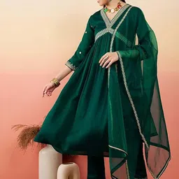 KALINI Floral Embroidered V-Neck Georgette Anarkali Empire Kurta with Trousers & Dupatta image 1