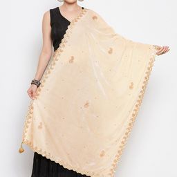 Clora Creation Cream-Coloured & Gold-Toned Embroidered Velvet Dupatta with Gotta Patti-picture-8