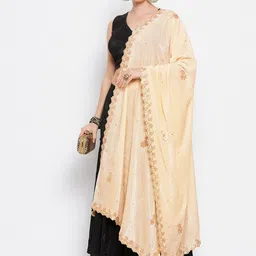 Clora Creation Cream-Coloured & Gold-Toned Paisley Embroidered Velvet Dupatta with Gotta Patti image 2