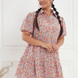 CURVE BY KASSUALLY Floral Printed Puff Sleeve A Line Dress image 1