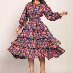 KAORI BY SHREYA AGARWAL Floral Print Tie-Up Neck Puff Sleeve Fit & Flare Midi Dress-picture-22