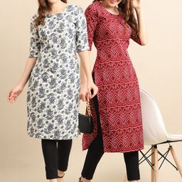 7threads KALINI Women Pack Of 2 White & Black Printed Block Print Crepe Kurtas-picture-42