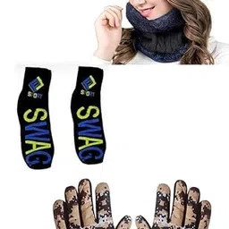 Winkle House Winter Cap Neck Warmer Neck set and Military Color Gloves Set + Winter Socks(Assorted) image 1