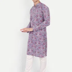 Aashima Wahal Men Purple Floral Printed Block Print Pure Cotton Kurta image 4