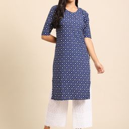 7threads KALINI Women Blue & White Geometric Printed Summer Sheers Crepe Kurta-picture-28