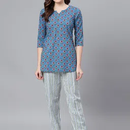 Idalia Women Blue & Red Printed Pure Cotton Night Suit-image-61