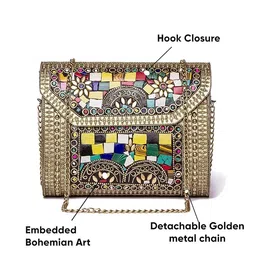 shakuntla vintage Gold Metal Coloured Stone Sling Bag Clutch Purse for Girls Womens image 4