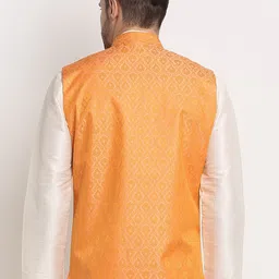 KRAFT INDIA Men Yellow Woven Design Jacquard Nehru Jacket image 4