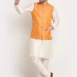 KRAFT INDIA Men Yellow Woven Design Jacquard Nehru Jacket image 5