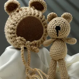 Babymoon Infants Set of 2 Crochet Bear Cap & Teddy Photoshoot Props-picture-38