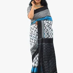 TROPWEAR Geometric Printed Pure Cotton Block Print Ikat Saree-image-22