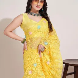 HERE&NOW Yellow & Blue Floral Embroidered Net Saree-picture-19