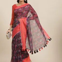 Mitera Magenta & White Floral Linen Blend Heavy Work Block Print Saree-picture-15