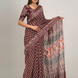 KIAARON Floral Printed Zari Cotton Ikat Saree-image-70