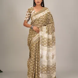 KIAARON Floral Zari Block Printed Saree-image-2