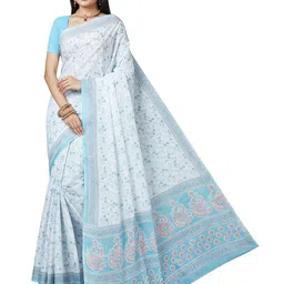 SHANVIKA White & Blue Floral Pure Cotton Block Print Saree-image-45