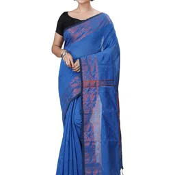 PuJoy Ethnic Motifs Woven Design Pure Cotton Handloom Taant Saree-picture-19
