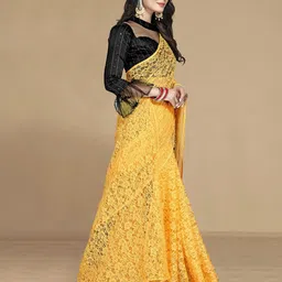 KALINI Women Yellow Floral Net Saree With Unstitched Blouse image 2